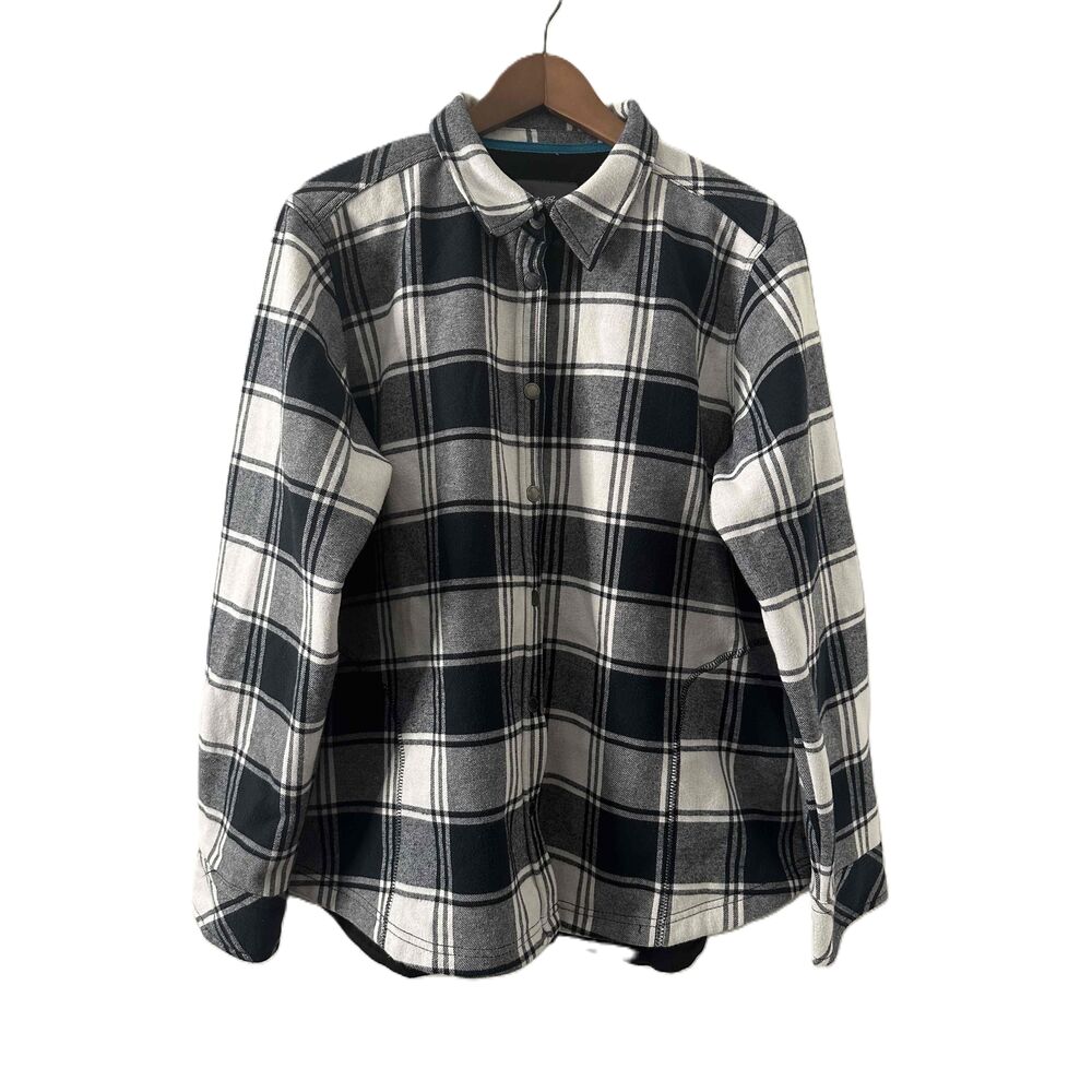 Eddie Bauer Flannel Snap Shacket Womens XXL Navy White Buffalo Plaid Long Sleeve - Picture 9 of 13